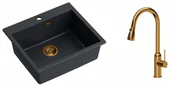 Zlewozmywaki z baterią - Quadron Zlewozmywak granitowy jednokomorowy 57*50*22 cm MORGAN 110 BLACK DIAMOND z miedzianym odpływem z baterią JESSICA Q LINE z wyciąganą wylewką i funkcją prysznica kolor miedziany - miniaturka - grafika 1