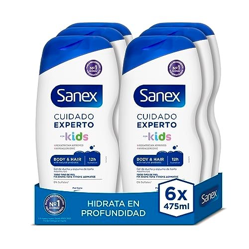 Sanex Ekspert Care żel pod prysznic dla dzieci, opakowanie 6 sztuk x 475 ml, żel dla dzieci, hipoalergiczny, 12H nawilżający, testowany dermatologicznie, zatwierdzony przez pediatrów