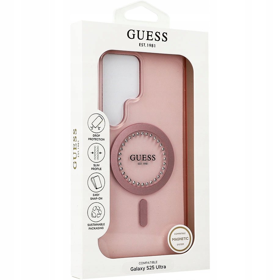 Guess Etui Rhinestones Printed do MagSafe do Galaxy S25 Ultra, różowe