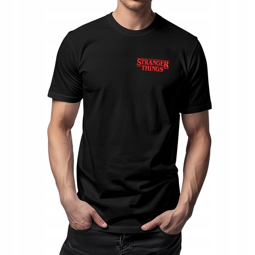 Czarna koszulka męska STRANGER THINGS - haft premium, 185g, 100% bawełna XL