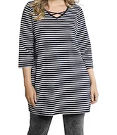 Koszulki i topy damskie - Ulla Popken Damska koszulka w paski, tasiemki ozdobne, klasyczne, wycięcie w kształcie litery V, koszulka z rękawami 3/4, outerspace, 50/52 - miniaturka - grafika 1