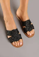 Klapki i japonki damskie - Czarne Klapki Ozdobione Plecionymi Paskami Frolwia - miniaturka - grafika 1