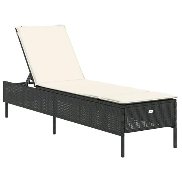 Leżak ogrodowy rattanowy czarny 198x55x39/50/62/75/88/97 cm, poduszka krem