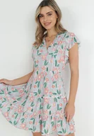 Sukienki - Miętowa Sukienka Taliowana z Wiskozy w Kwiaty Adomisia - Born2be - miniaturka - grafika 1