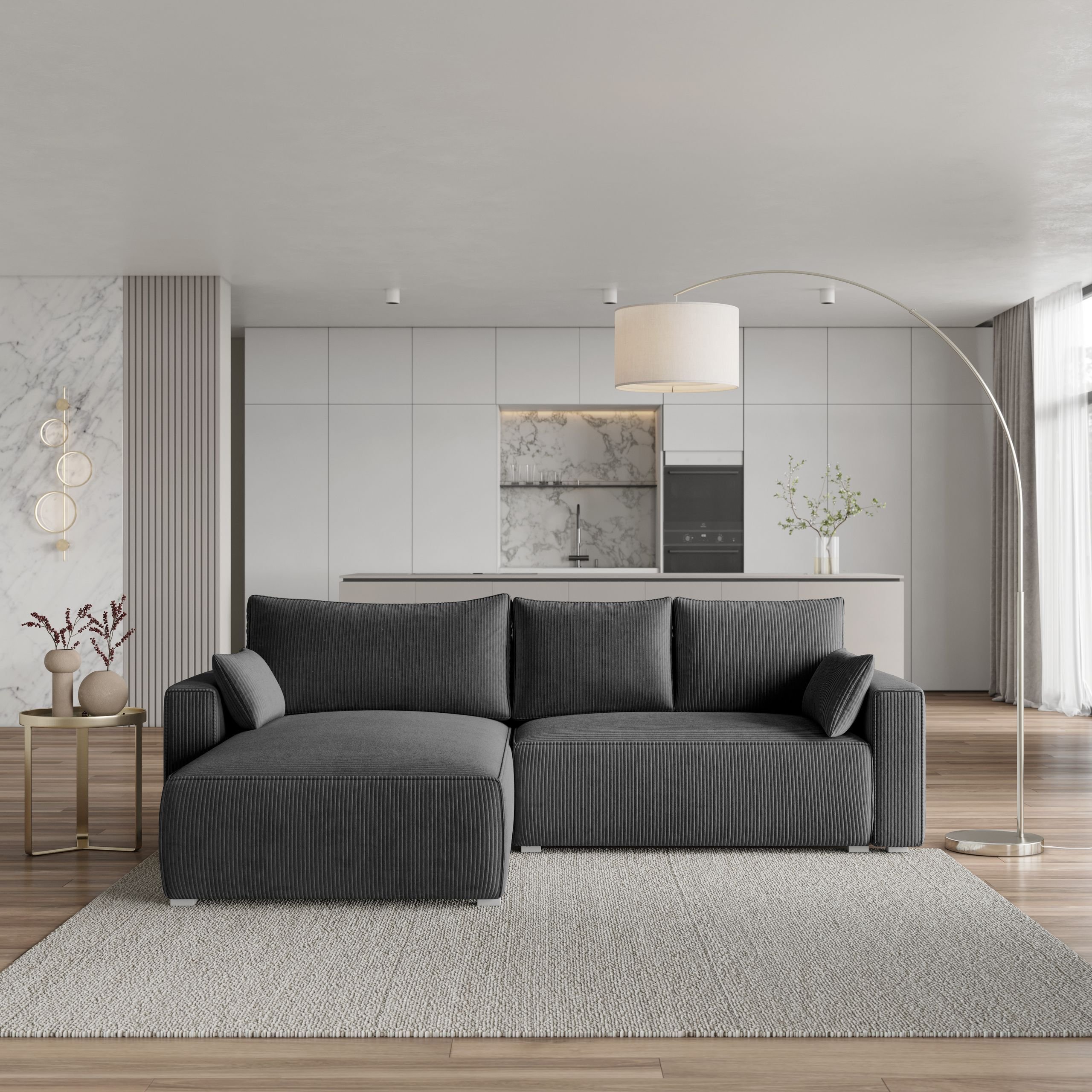 Masseno Narożnik FORIL P z funkcją spania i pojemnikiem na pościel Kształt L, Rozkładana sofa, Rogówka - Grafitowy, POSO 34