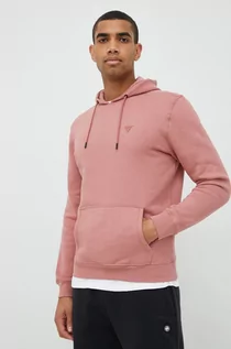 Bluzy męskie - Guess bluza męska kolor różowy z kapturem gładka - grafika 1