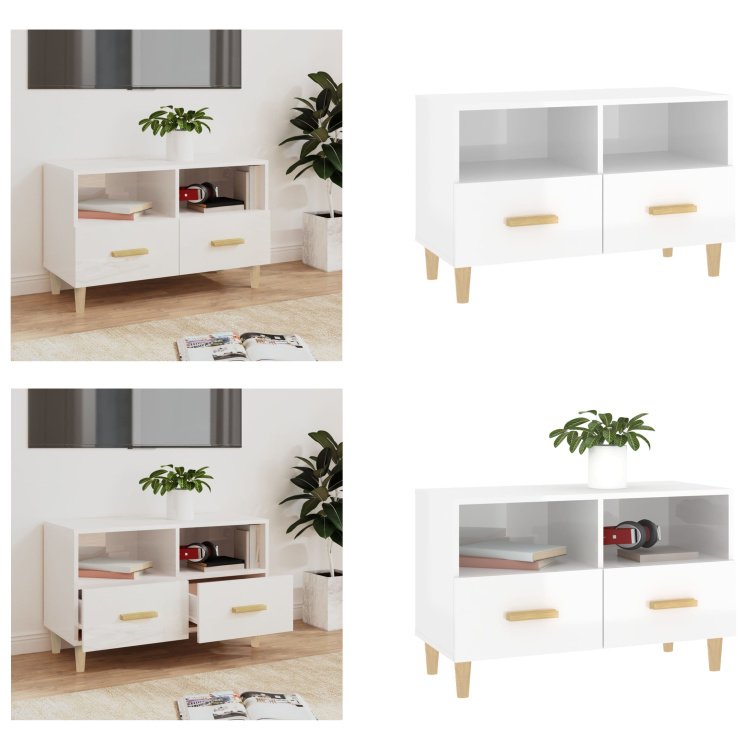vidaXL Szafka pod TV biały wysoki połysk 80x36x50 cm materiał drewnopochodny - szafka pod TV - szafki pod TV - meble pod TV - stojak pod TV