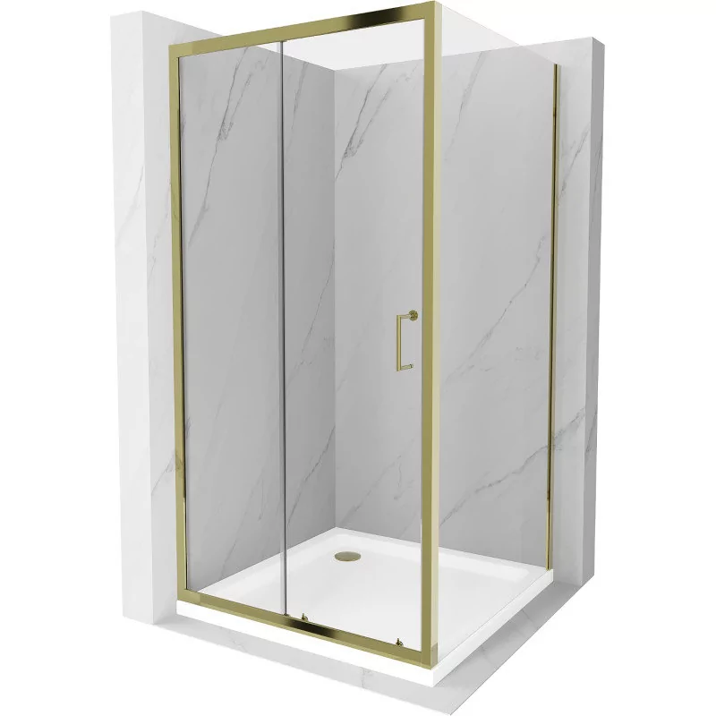 Mexen Apia kabina prysznicowa rozsuwana 90x90 cm, transparent, złota + brodzik Flat, biały