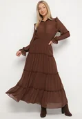 Sukienki - Brązowa Rozkloszowana Sukienka VICES Koszulowa w Stylu Retro Aravite - miniaturka - grafika 1