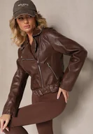 Kurtki damskie - Brązowa Kurtka o Kroju Ramoneski z Paskiem ze Sprzączką Evelvila - miniaturka - grafika 1