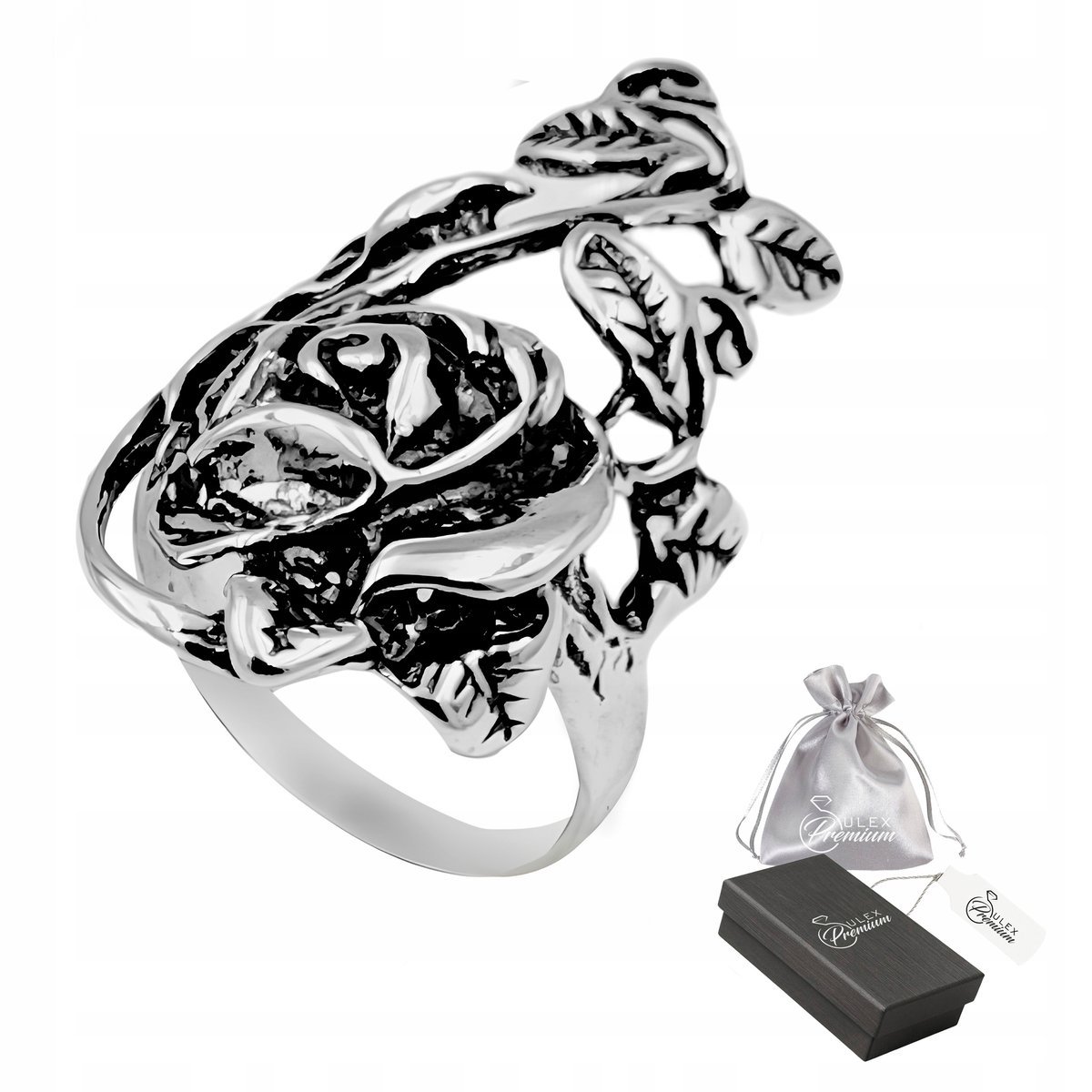 Pierścionek Srebro 925 Damski Oksydowany Kwiat Róży z Liśćmi Vintager. 22