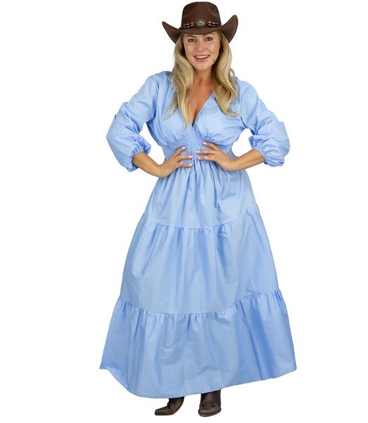 Sukienka Długa Maxi Błękitna Boho Falbany Marszczona Talia