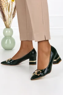 Zielone czółenka na słupku lakierowane damskie z ozdobą Casu D23WX8-G - Czółenka - miniaturka - grafika 1
