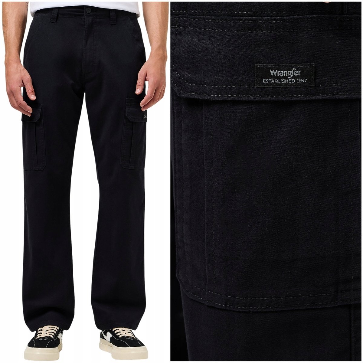 Wrangler Cargo Pant czarne luźne spodnie materiałowe bojówki W33 L34