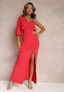 Sukienki - Czerwona Asymetryczna Sukienka z Gumką w Pasie i Łańcuszkiem Przy Ramieniu Jisse - grafika 1
