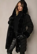 Kurtki damskie - Czarna Kurtka z Pikowanymi Przeszyciami Mocno Ocieplana z Paskiem i Odpinanym Futerkiem Hedista - miniaturka - grafika 1