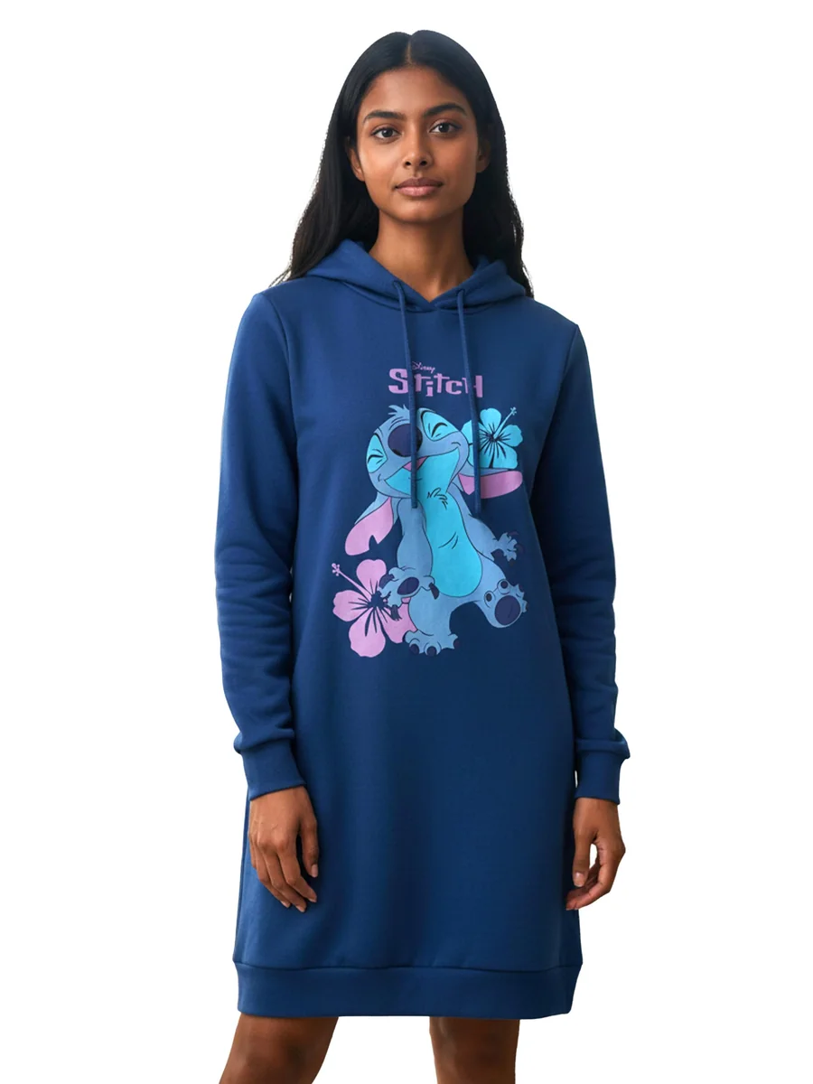Disney Lilo & Stitch damska sukienka dresowa - oversize bluza z kapturem długa bluza z długim rękawem niebieska, niebieski, XL