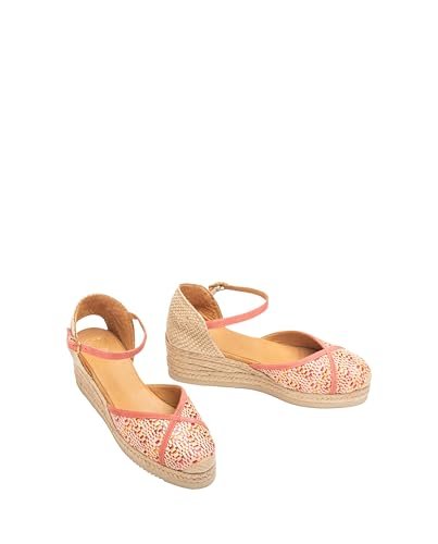UNISA Espadryle damskie, zamsz i skóra, koral, klin 3 cm, platforma jutowa, regulowana klamra, okrągły nosek