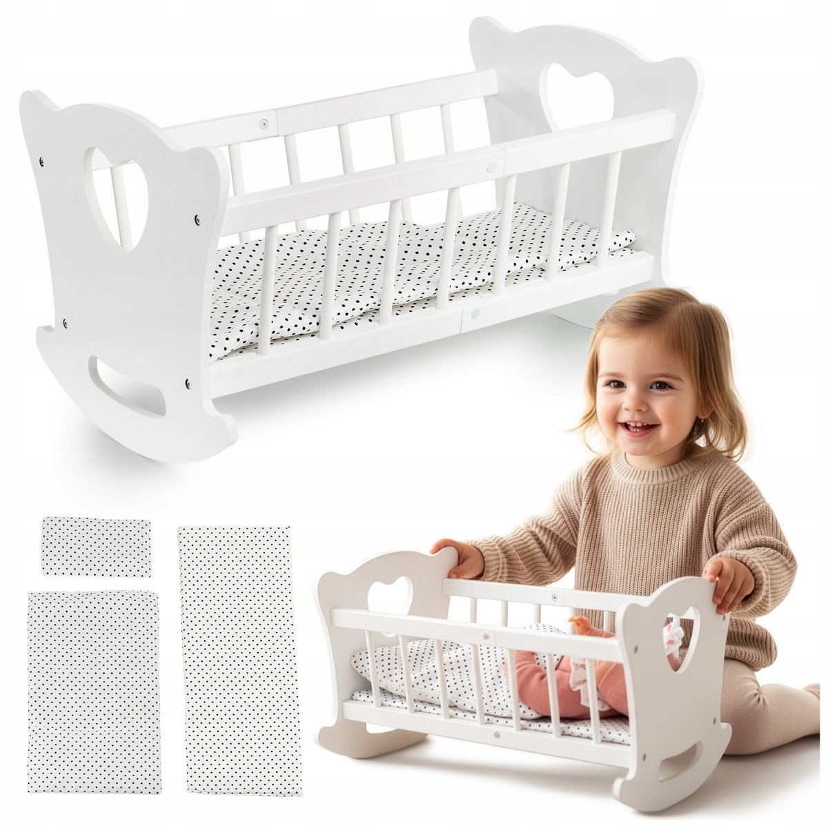 DREWNIANE ŁÓŻECZKO DLA LALKI DUŻA KOŁYSKA POŚCIEL KOŁDERKA KINDERPLAY