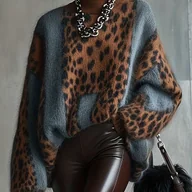 Swetry damskie - TEMU Sweter damski w stylu vintage z wysokim kołnierzem, w kolorowe bloki z nadrukiem w panterkę, luźny, leniwy, miękki, z długim rękawem Nian Nian - miniaturka - grafika 1