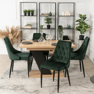 Zestaw Stół Prostokątny Rozkładany CLARK 120-160 cm Dąb Artisan/Czarny i 4 Krzesła Tapicerowane do Jadalni CORK Zielone Welurowe - Stoły z krzesłami - miniaturka - grafika 1