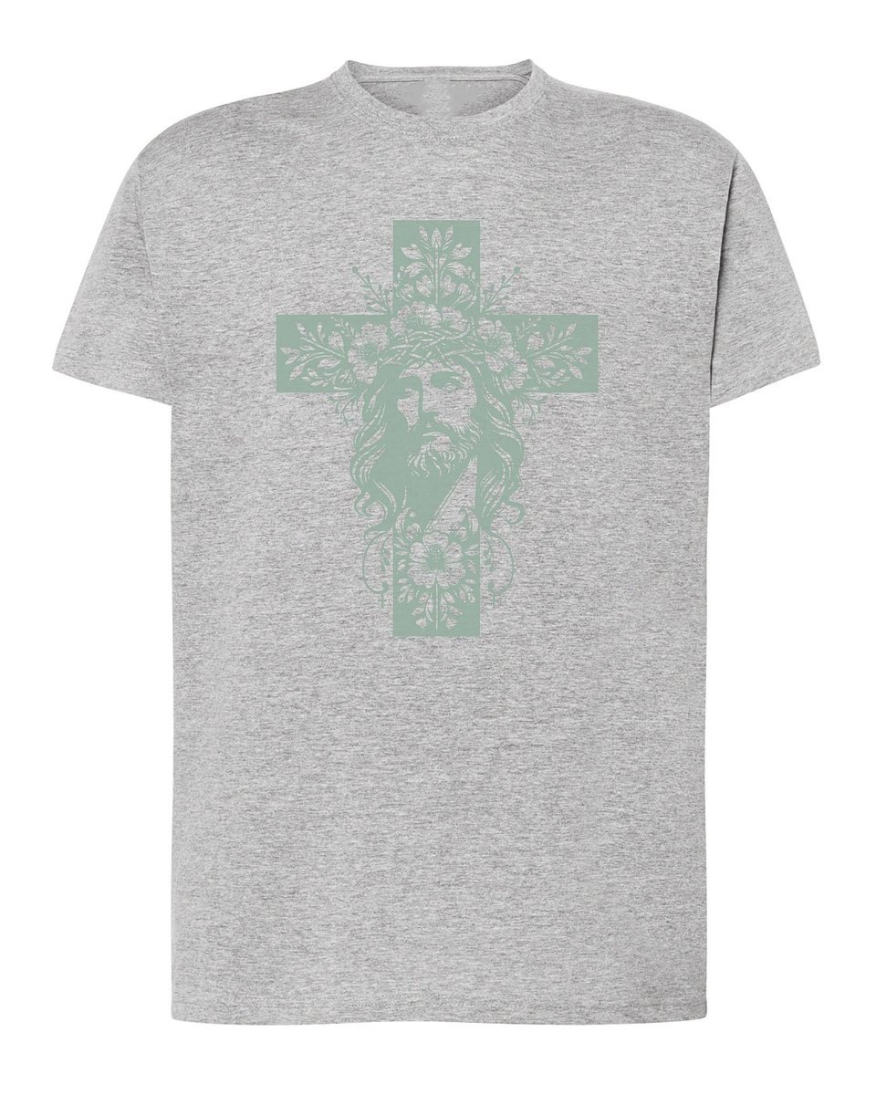 Koszulka Jezus Krzyż Wiara Kwiaty Katolicka na Prezent Szary melanż M