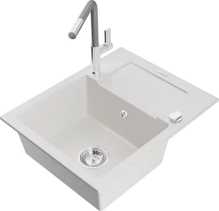 Mexen Enzo zlewozmywak granitowy 1-komorowy z ociekaczem i baterią kuchenną Flora, biały - 6506-20-670401-06 - Zlewozmywaki z baterią - miniaturka - grafika 1