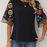 Koszule damskie - TEMU Bluzka Damska z Krótkim Rękawem i Okrągłym Dekoltem, Wyszywana Kolorowymi Kwiatami & Przezroczyste Siateczkowe Rękawy - Oddychająca na Wiosnę/, - miniaturka - grafika 1