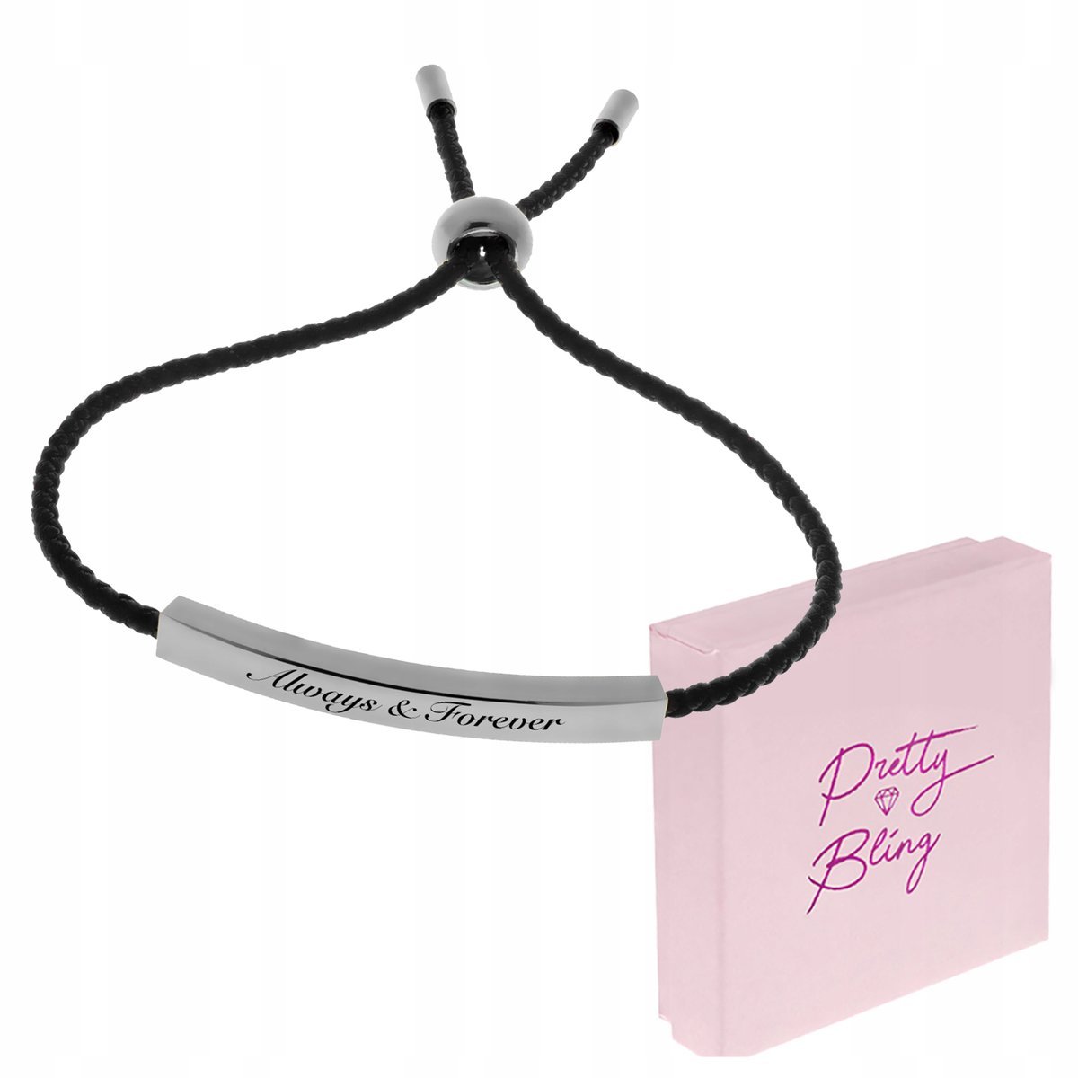 Bransoletka damska z GRAWEREM czarny sznurek BLASZKA SREBRNA regulowana