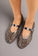 Baleriny - Srebrne Siateczkowe Balerinki z Paskiem z Błyszczącymi Cyrkoniami Lisabia - miniaturka - grafika 1