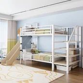 Łóżka dla dzieci i młodzieży - Łóżka piętrowe 2 x 90 x 200 cm ze zjeżdżalnią, półkami i barierkami - MDF i metal - białe (materace nie są dołączone) - miniaturka - grafika 1