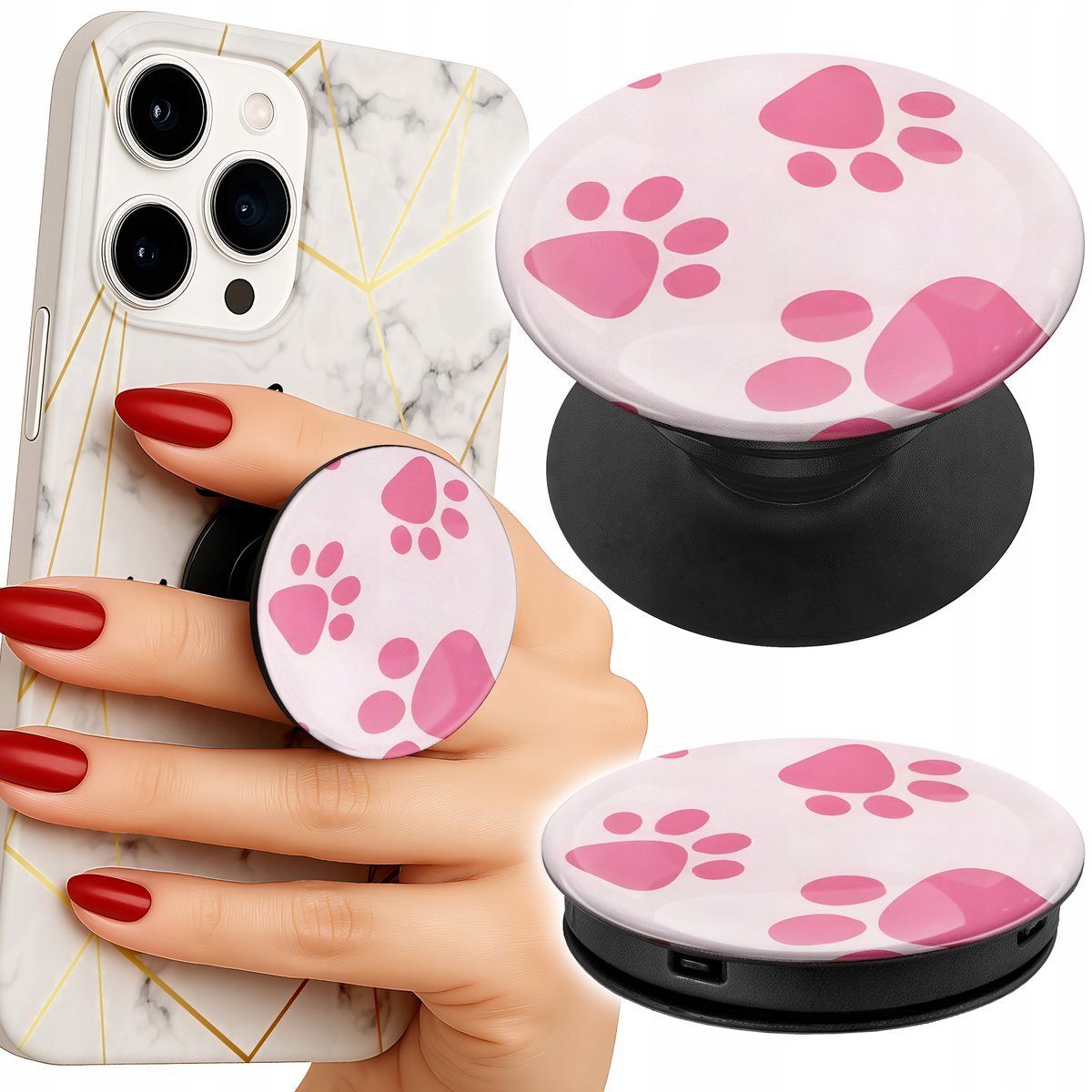 Uchwyt do telefonu Popsocket na palce/stojak RÓŻOWE PSIE ŁAPKI MODNE WZORY