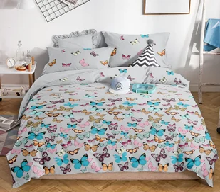 Cotton World Pościel flanelowa 180x200 FLAAB07 szara kolorowe motyle - Pościel - miniaturka - grafika 1