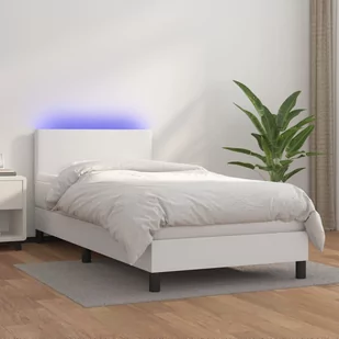 Łóżko kontynentalne z materacem i LED, biała ekoskóra 90x190 cm Lumarko! - Łóżka - miniaturka - grafika 1