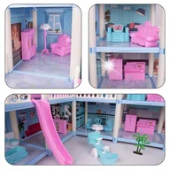 Domki dla lalek - DUŻY DOMEK DLA LALEK WILLA MEBLE 3 POZIOMY TARAS PLAC ZABAW Z ZJEŻDŻALNIĄ - miniaturka - grafika 1