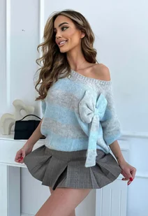 KRÓTKI SWETER WENDY W PASKI Z KOKARDĄ POLSKI PRODUCENT J&K PREMIUM -  BŁĘKITNY - Swetry damskie - miniaturka - grafika 1