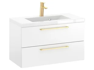Szafka Wisząca Z Umywalką RON 80 cm - Biały Mat - Uchwyty Złote Szczotkowane - Szafki łazienkowe - miniaturka - grafika 1