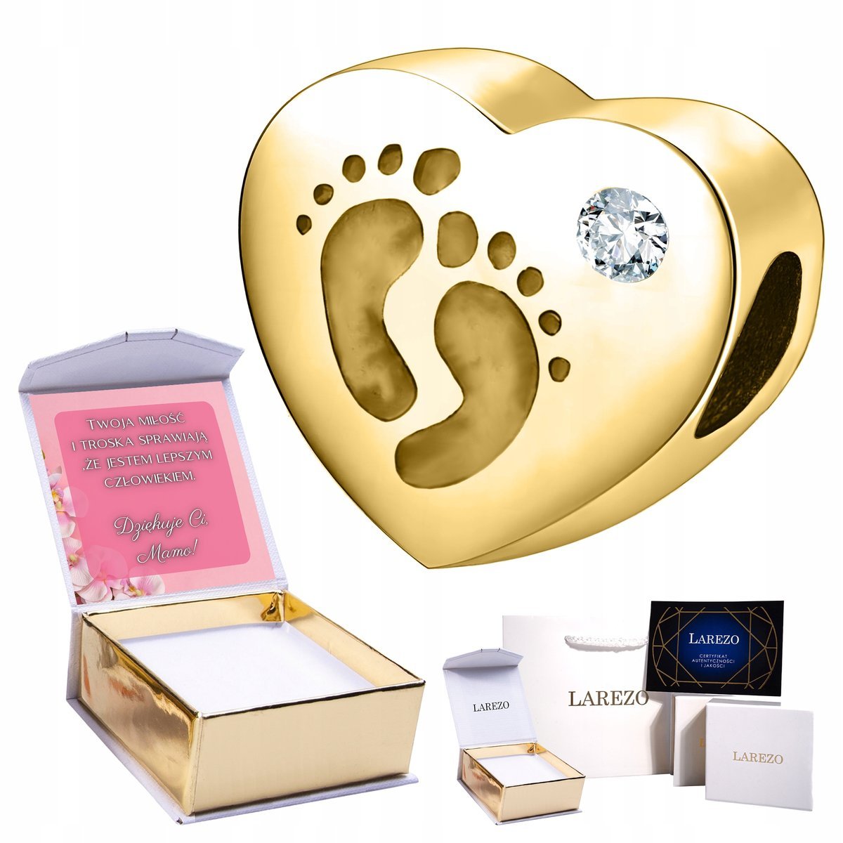 Złoty Charms Serce Serduszko Stópki Dziecięce Cyrkonia Stopy Stopa + NADRUK