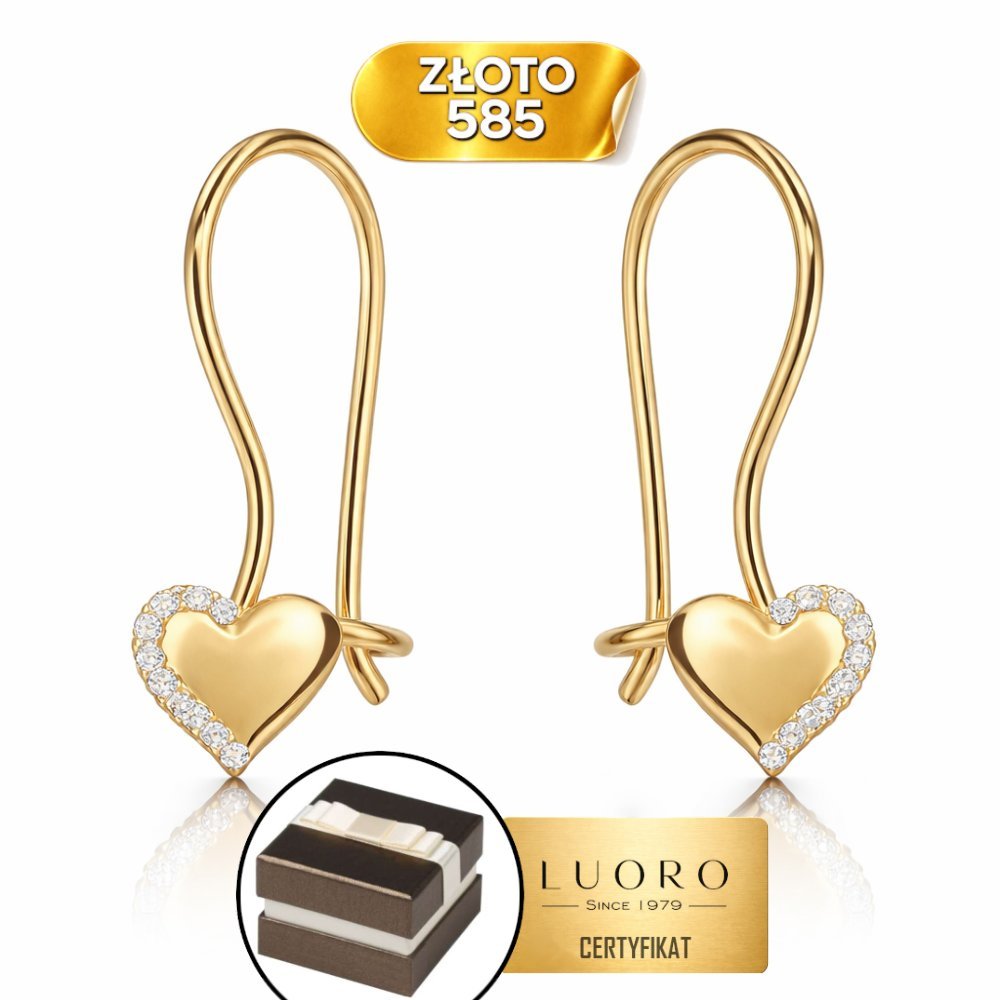 KOLCZYKI ZŁOTE 585 14K SERCA Z CYRKONIAMI NA BIGLU 17 MM ELEGANCKIE