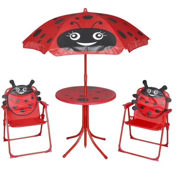 Zestaw mebli ogrodowych dla dzieci: stół, 2 krzesła, parasol, czerwony