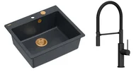 Zlewozmywaki z baterią - Quadron Unique Zlewozmywak granitowy jednokomorowy 57*50*22 cm MORGAN 110 BLACK DIAMOND z syfonem Push-2-Open w kolorze miedzianym z baterią GEMMA Q LINE SLIM PURE CARBON z ruchomą wylewką kolor czarny mat/czarny wąż - miniaturka - grafika 1