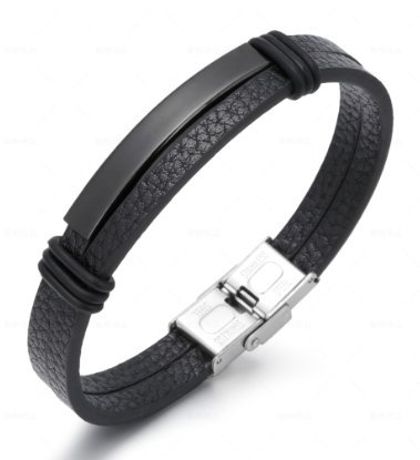 Bransoletka męska skórzana czarna stal czarna 21cm