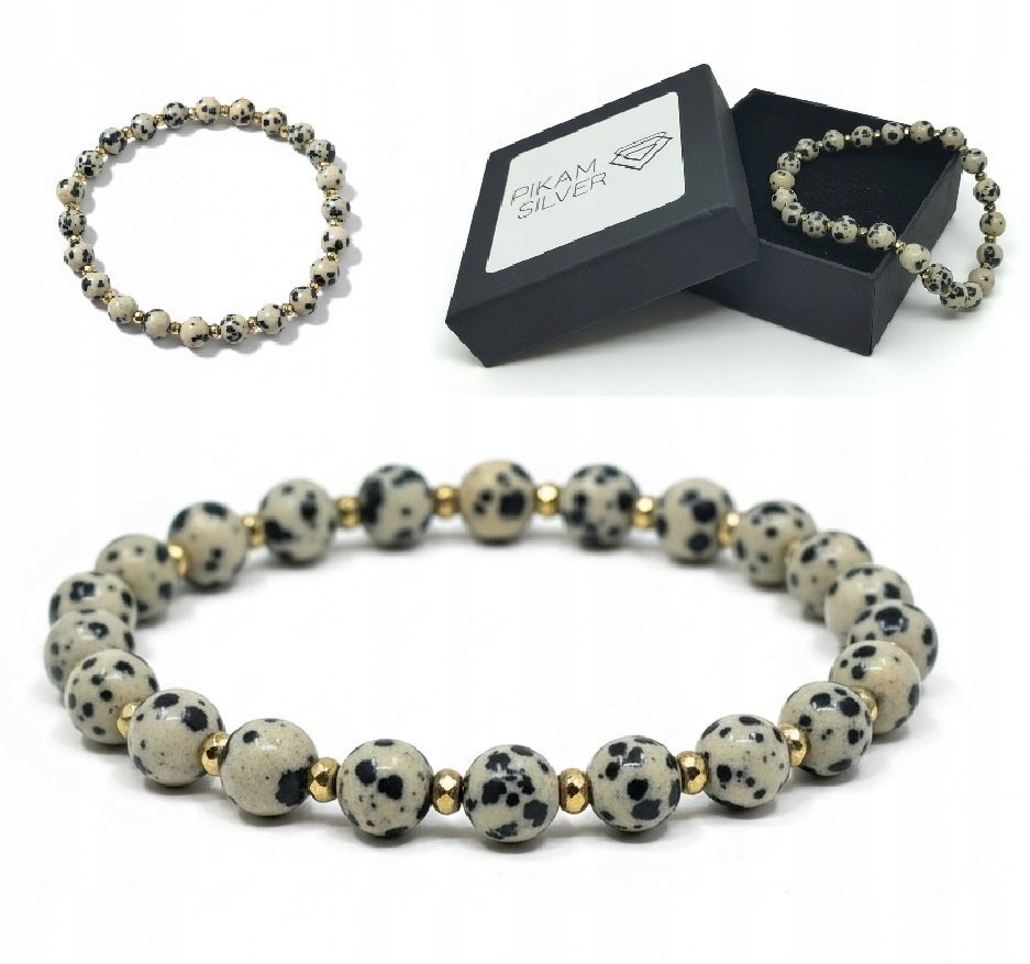 Bransoletka Kamienie Naturalne 6,5mm Jaspis Dalmatyński Hematyt Na Gumce