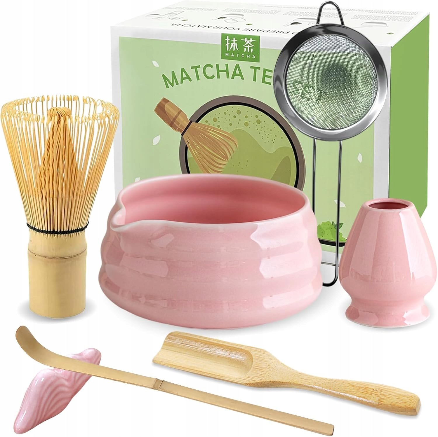Akcesoria Do Matchy Z Miską Z Wylewką Różowe 7 Elementów
