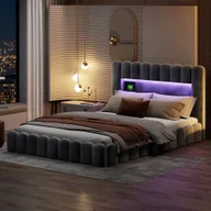 Łóżka - Łóżko tapicerowane Fortuna Lai 180x200cm z USB, łóżko młodzieżowe podwójne ze stelażem listwowym i schowkiem, łóżko do przechowywania z LED, aksamit, szary - miniaturka - grafika 1