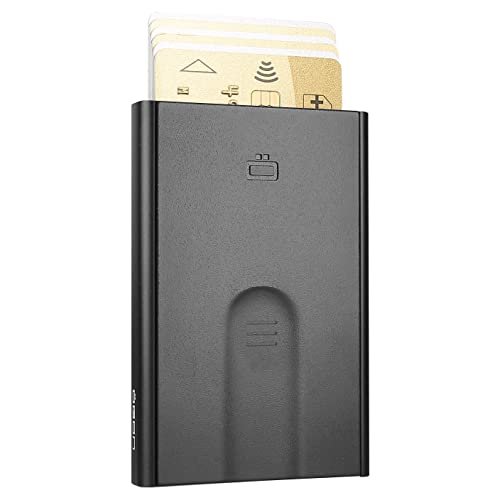Aluminiowy uchwyt na karty Slider firmy Ögon Design - blokowanie RFID - oryginalny minimalistyczny smukły automatyczny portfel dla mężczyzn i kobiet, Compact, Minimalistyczny (Opium Black)