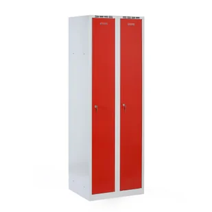 Metalowa szafka ubraniowa na cokole, 2-drzwiowa, 1800 x 600 x 500 mm, zamek cylindryczny, drzwi czerwone - Szafki biurowe - miniaturka - grafika 1