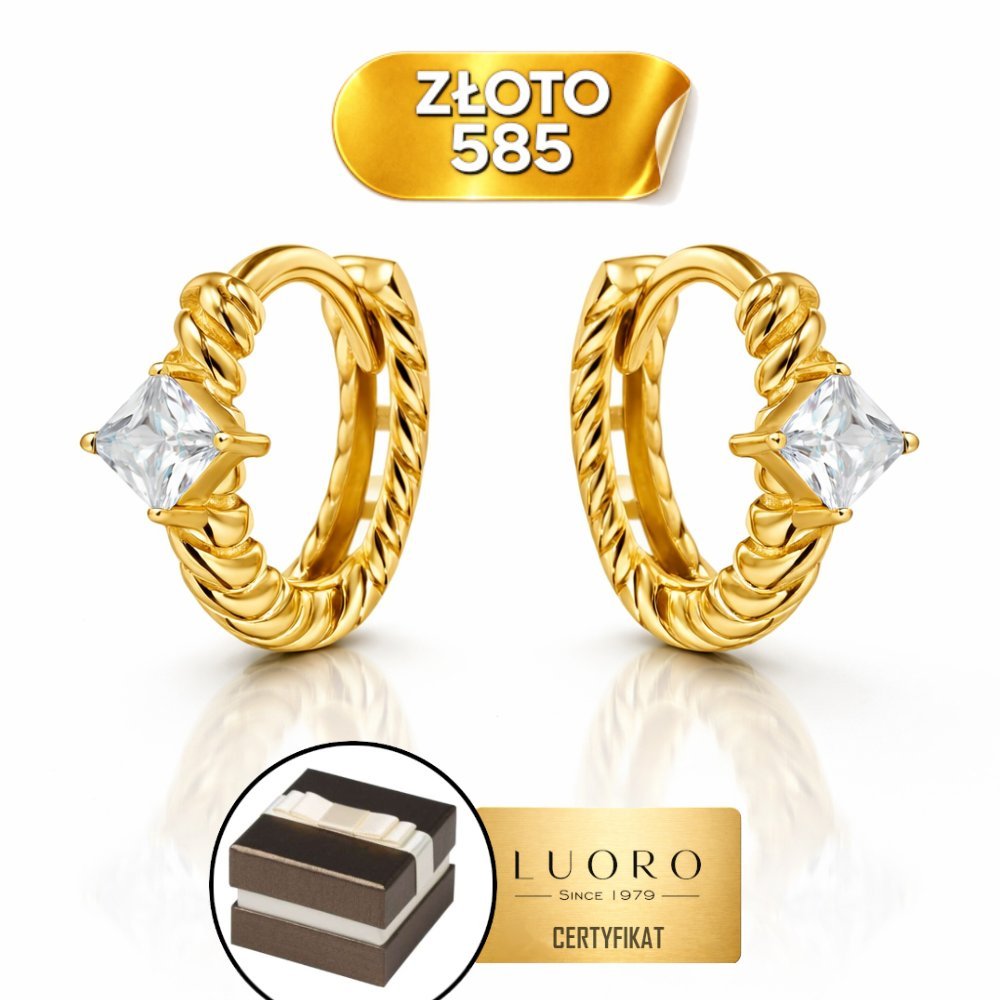 KOLCZYKI ZŁOTE 585 14K KÓŁECZKA ŻŁOBIONE Z KAMIENIEM 12 MM KREOL