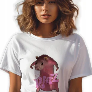 BIAŁA KOSZULKA DAMSKA Krótki Rękaw RÓŻOWY SZCZUR RATZ Zabawne Wzory Roz XL - Zestawy upominkowe - miniaturka - grafika 1