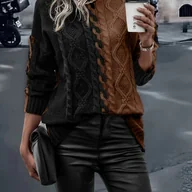 Swetry damskie - TEMU Czarno-Biały Sweter z Golfem w Bloki Kolorów - Długi Płaszcz Zimowy z Kołnierzem, Elastyczna Marynarka na Jesień/Zimę, Casual i Eleganckie - miniaturka - grafika 1